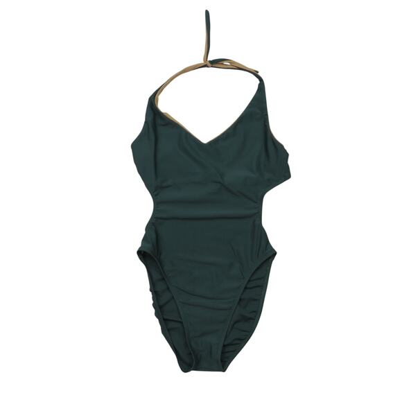 Vintage 90s Studio La Blanca Olive Green One Piece Swimsuit Cut Out Halter Large - Picture 1 of 5